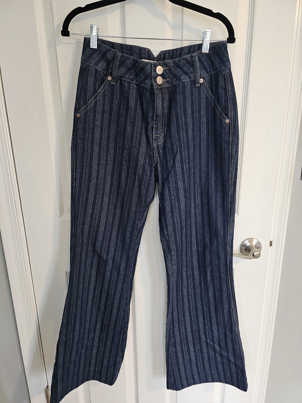 High-Rise Navy Striped Wide-Leg Jeans